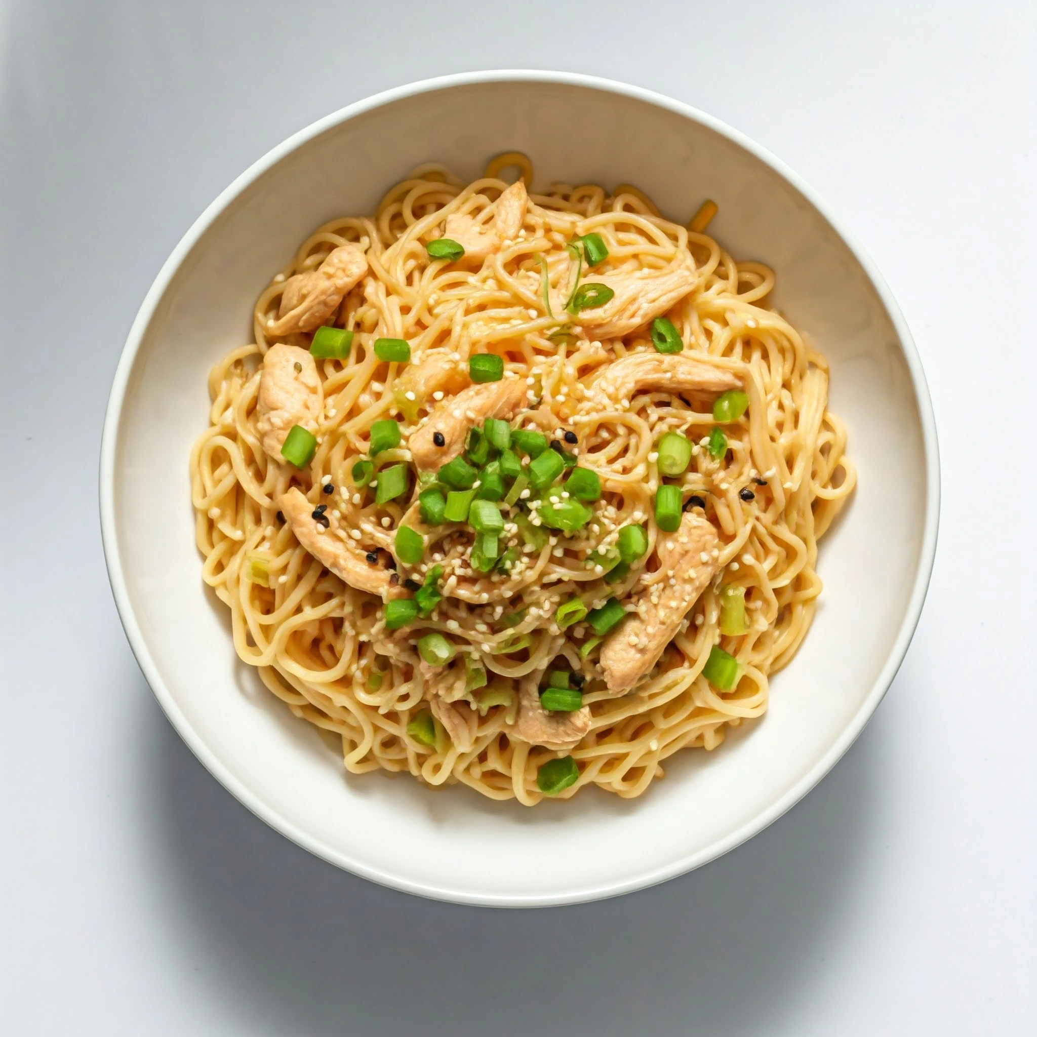 Fresh Asian chicken noodle salad with colorful vegetables and sesame seeds