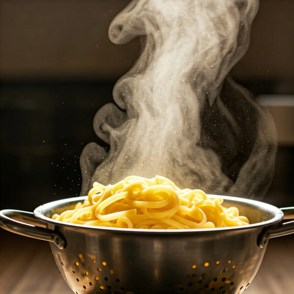 Draining cooked egg noodles for chicken noodle salad