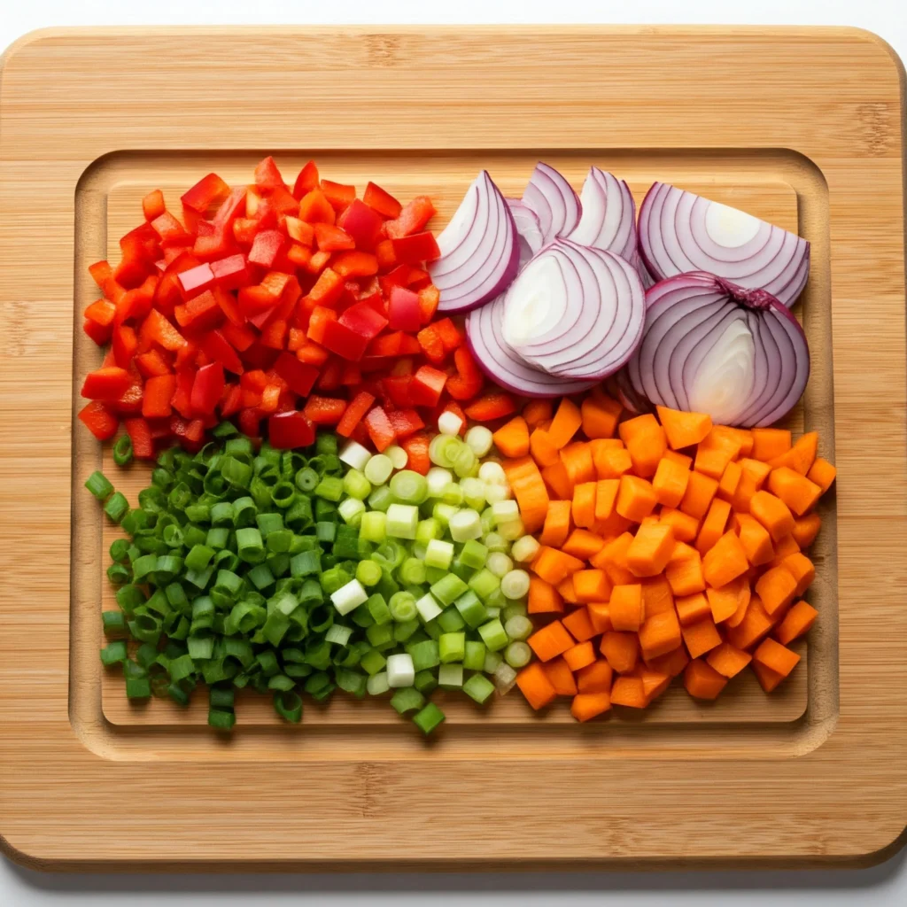 Freshly chopped vegetables for Asian chicken noodle salad