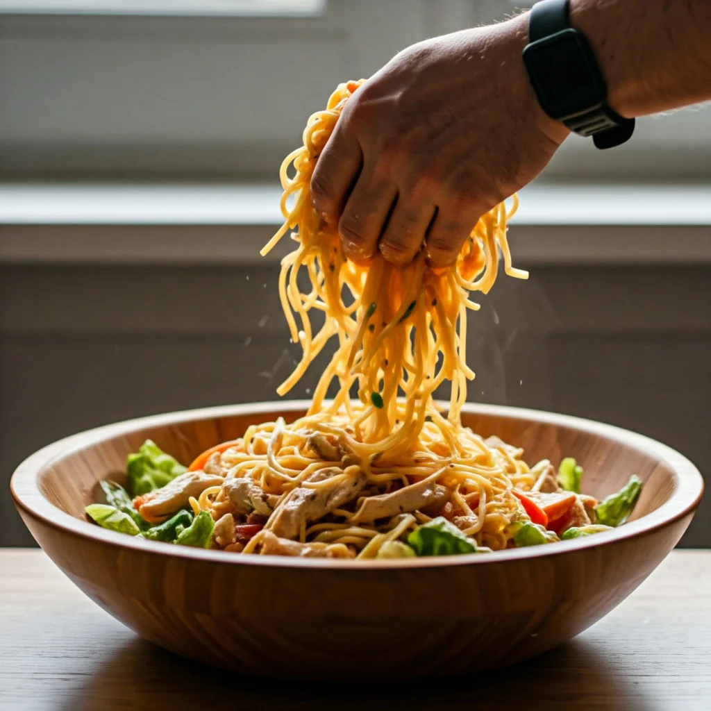 Mixing Asian chicken noodle salad ingredients together