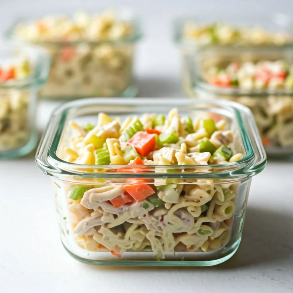 Meal prep containers filled with Asian chicken noodle salad