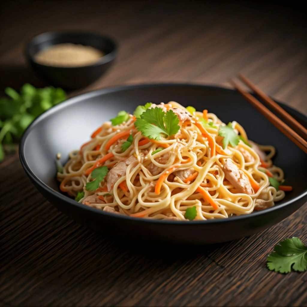 Served Asian chicken noodle salad with chopsticks and garnish