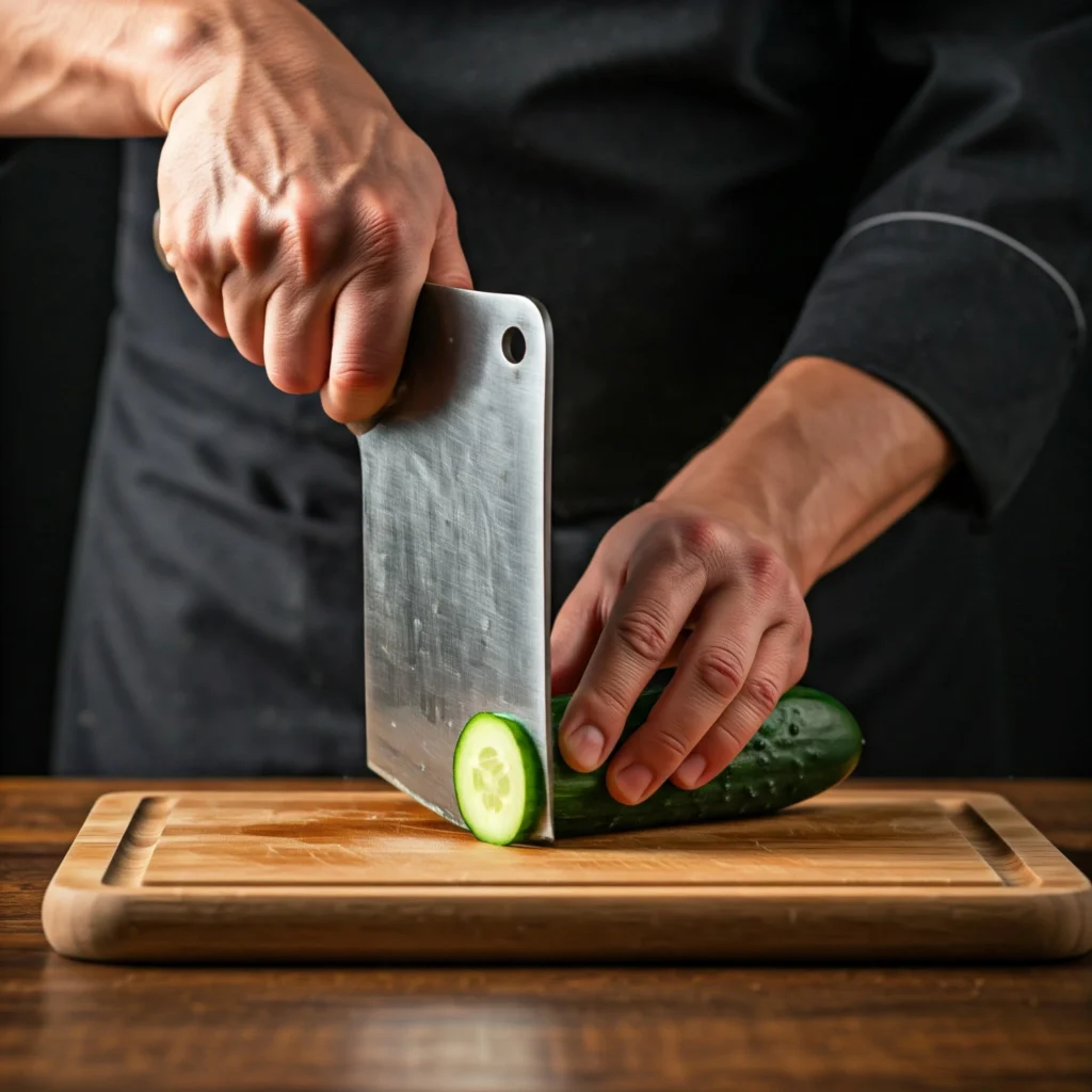 Demonstration of smashing cucumber technique for Chinese salad