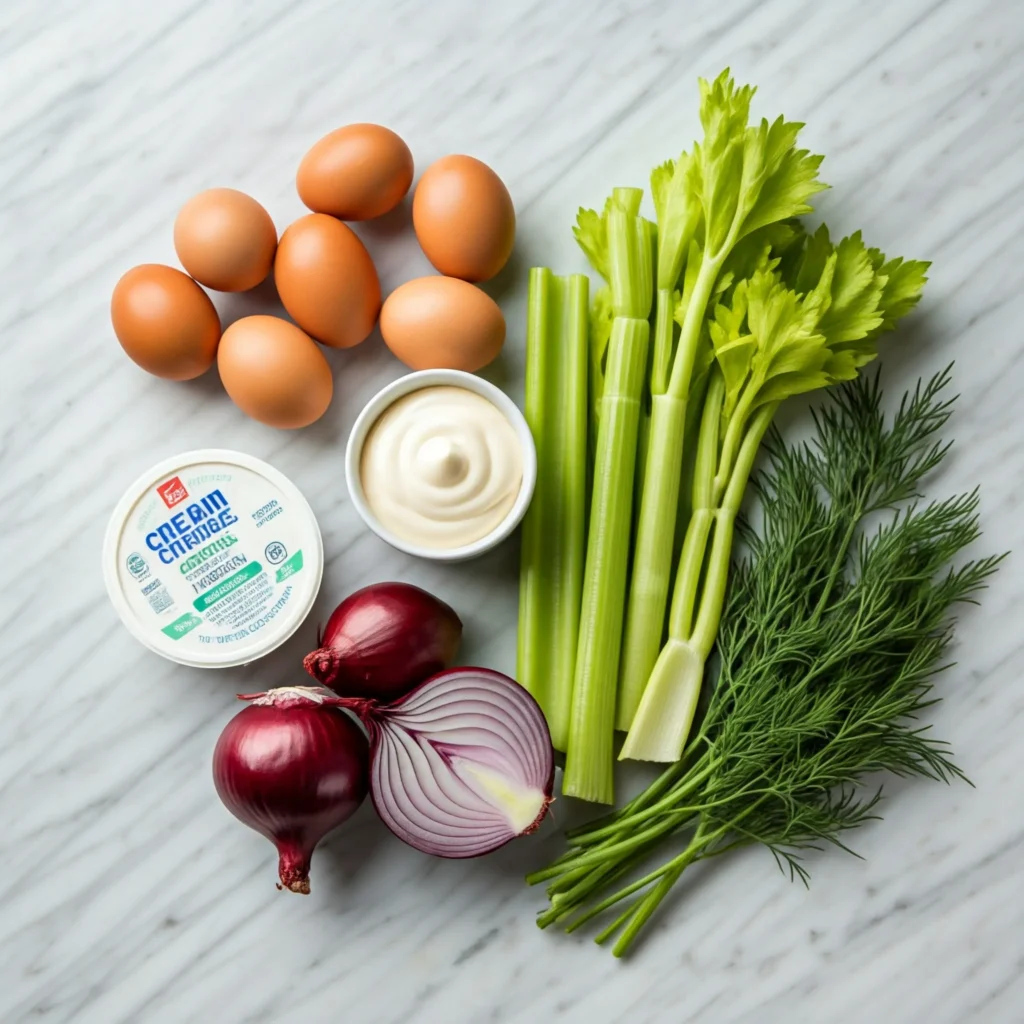 Fresh ingredients for cream cheese egg salad recipe including boiled eggs and vegetables