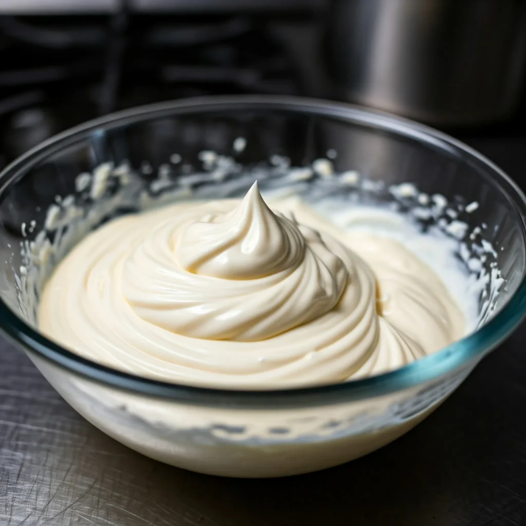 Mixing cream cheese and mayonnaise for homemade egg salad recipe