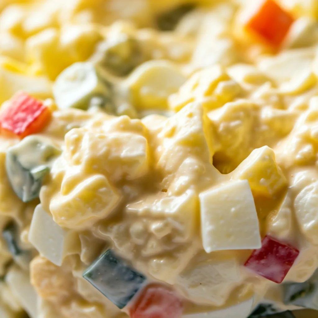 Close-up texture of creamy egg salad with perfectly chopped ingredients