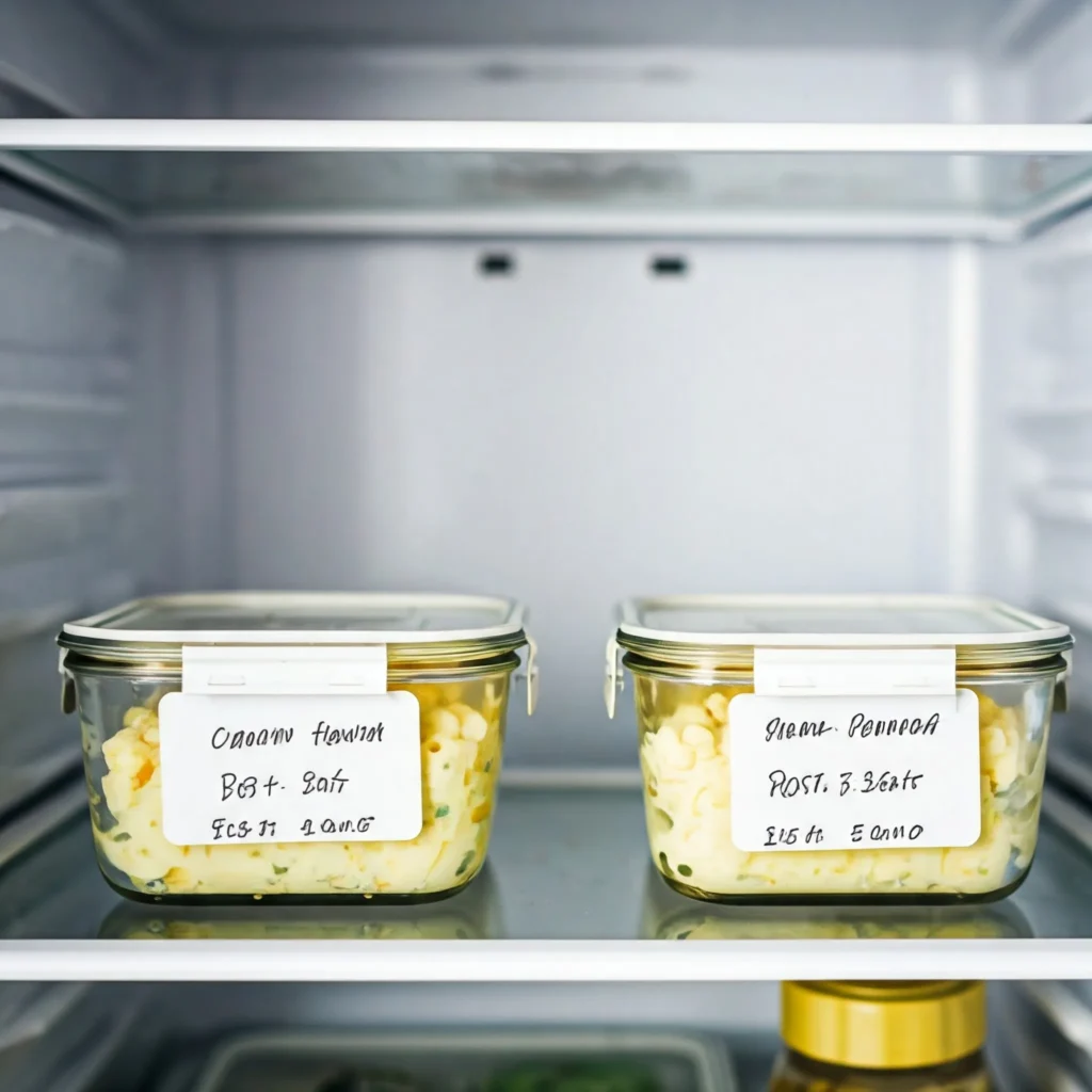 Proper storage of egg salad with cream cheese in dated containers