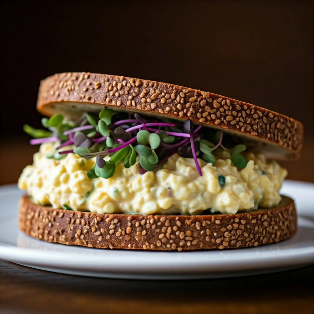 Gourmet cream cheese egg salad sandwich with professional presentation