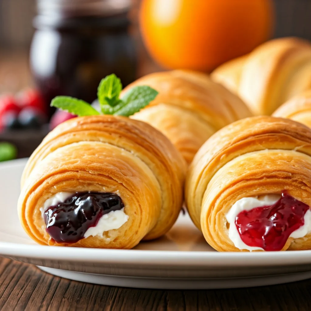 Cream cheese and fruit-filled crescent rolls on a white plate