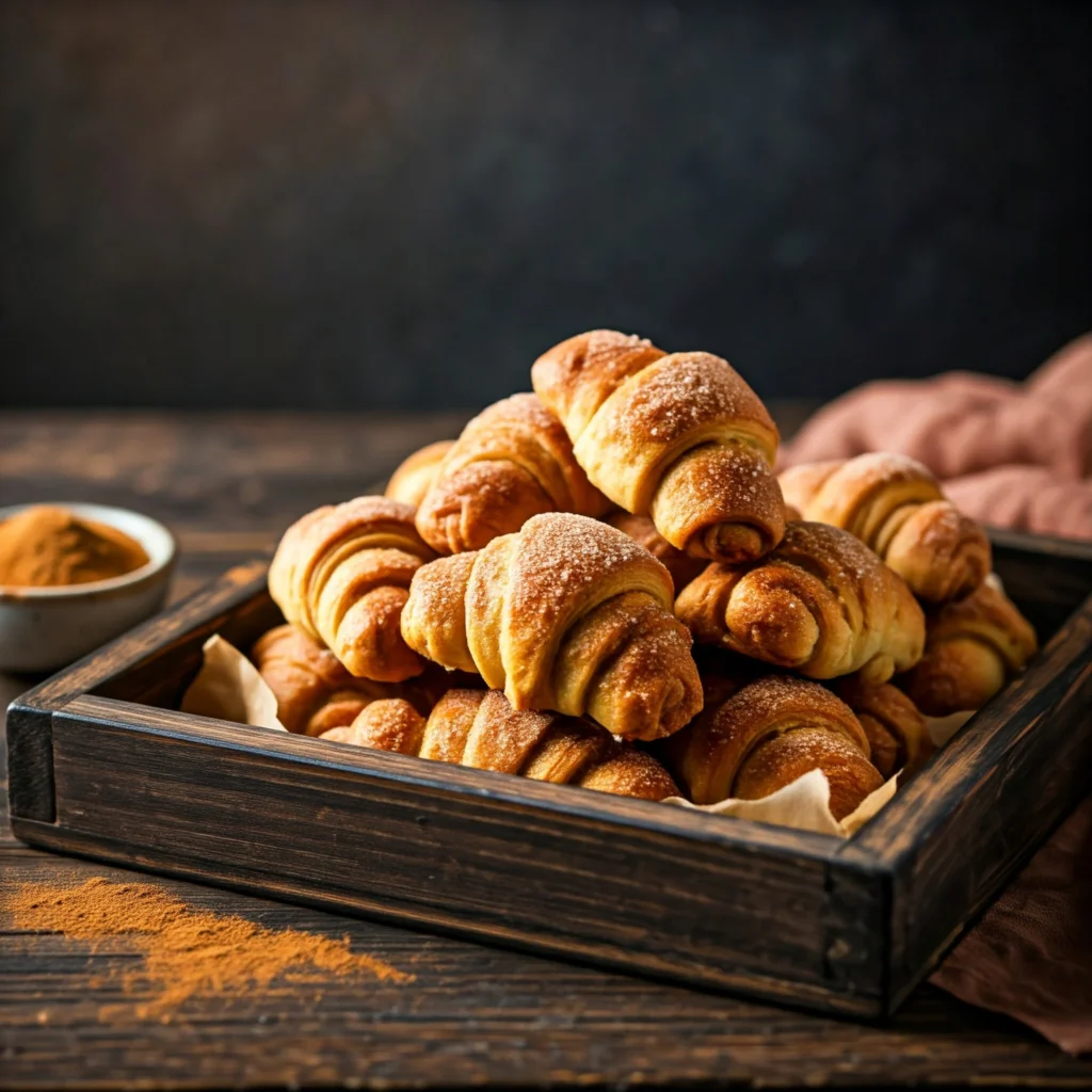 Cinnamon sugar crescent twists on a rustic tray