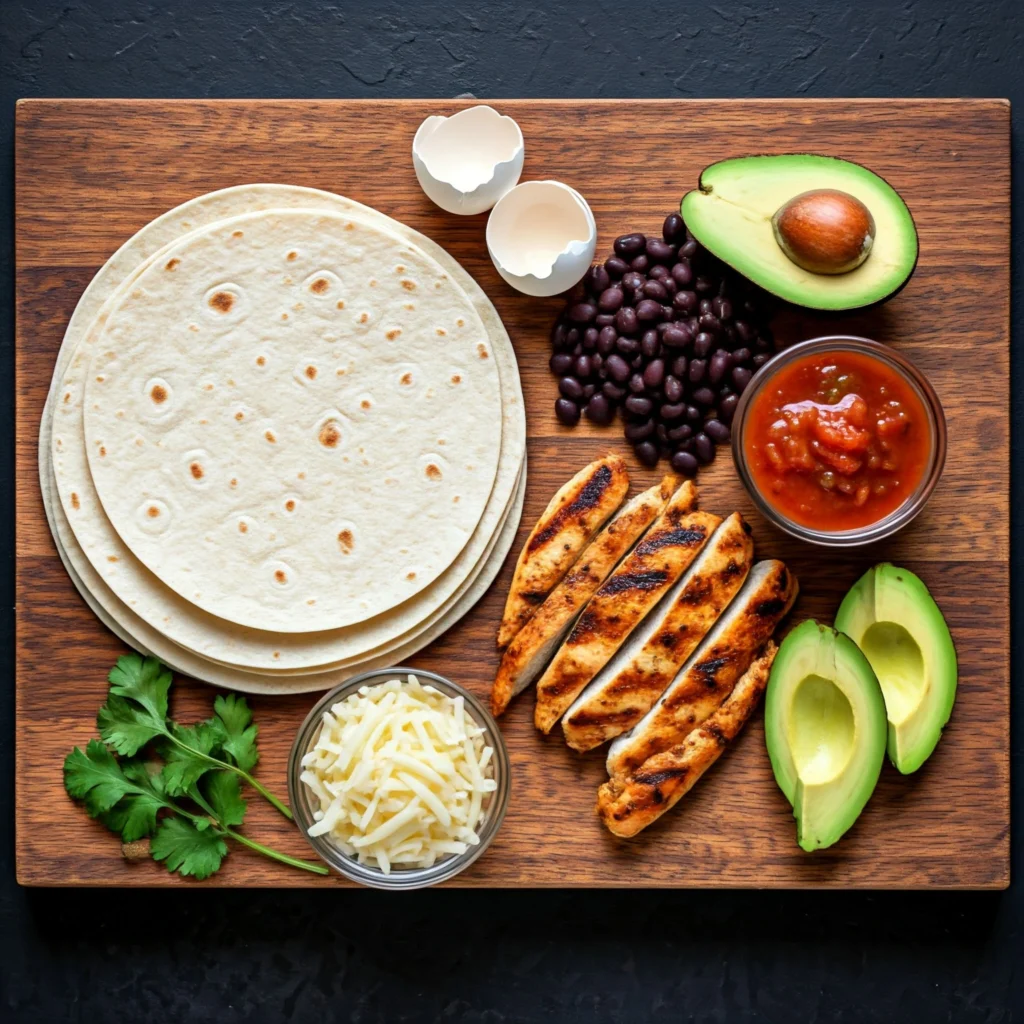 Raw ingredients for making a high protein breakfast burrito, arranged on a cutting board.