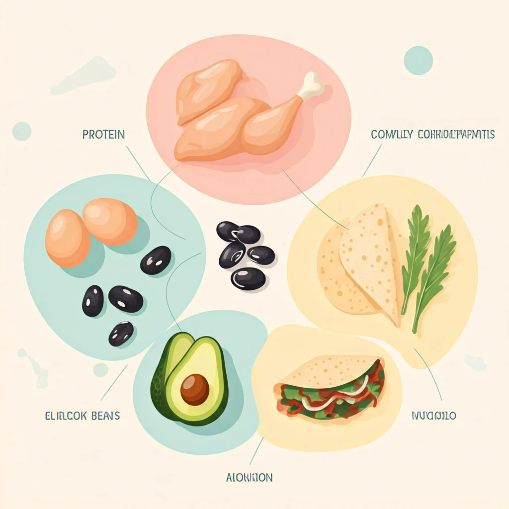 Nutritional breakdown of a high protein breakfast burrito with icons of key ingredients.