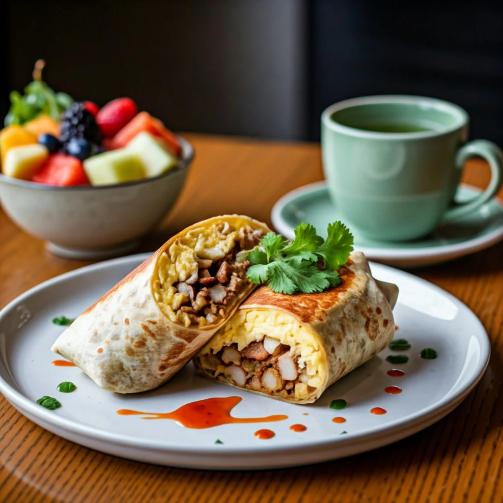 High protein breakfast burrito served with fresh fruit and green tea.