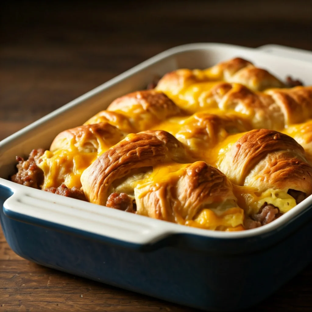 Sausage and egg crescent breakfast casserole in a dish.