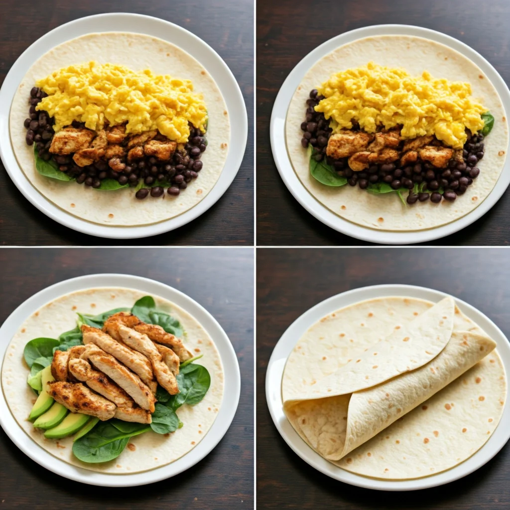 Step-by-step process of assembling a high protein breakfast burrito.