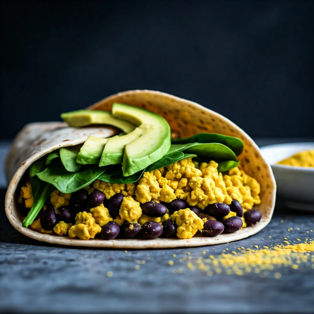 Vegetarian high protein breakfast burrito with tofu scramble and spinach.