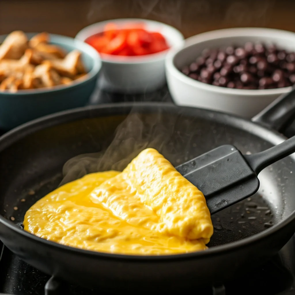 Scrambled eggs being prepared in a skillet for a breakfast burrito.