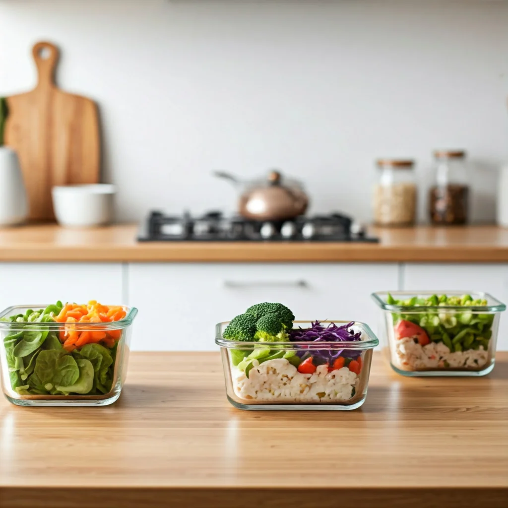 Various healthy meals under 300 calories arranged in portion-controlled containers on a bright kitchen counter