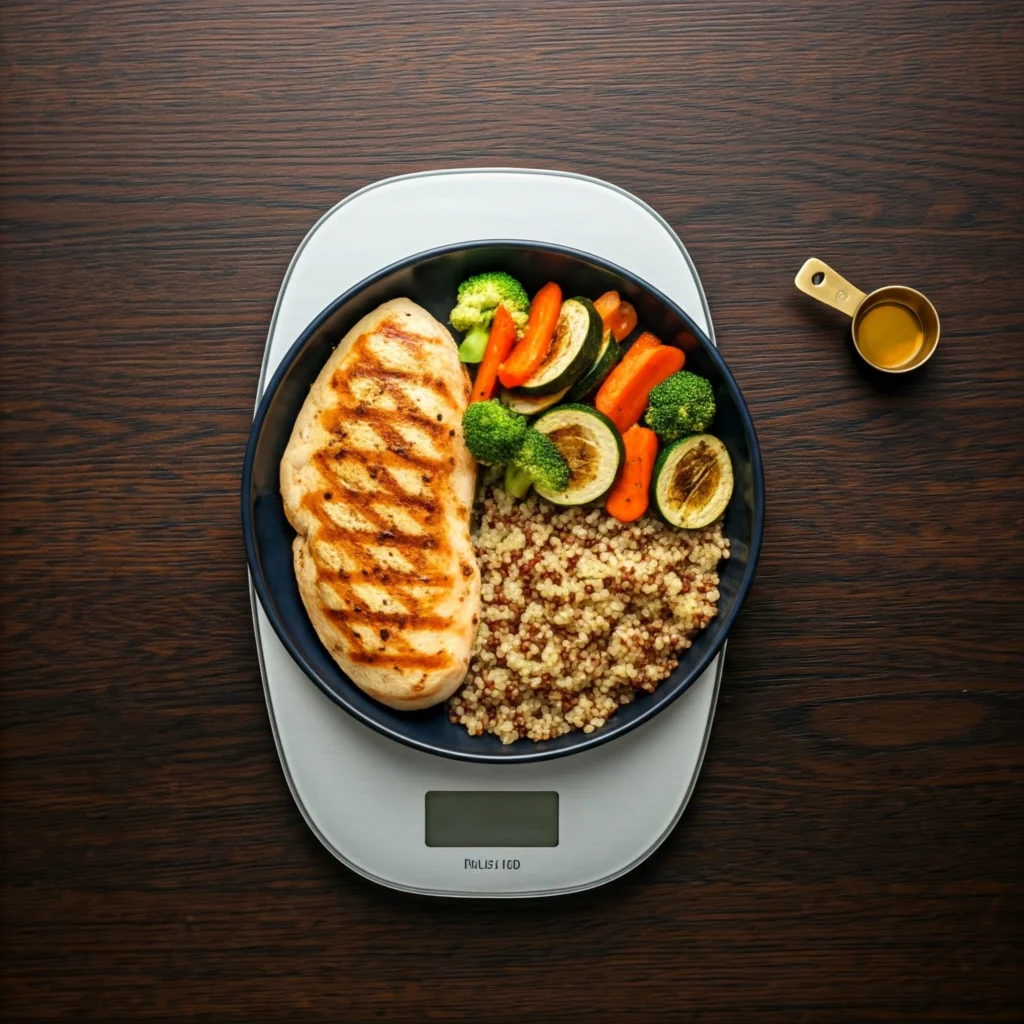 A perfectly portioned 300-calorie meal with grilled chicken, quinoa, and colorful vegetables