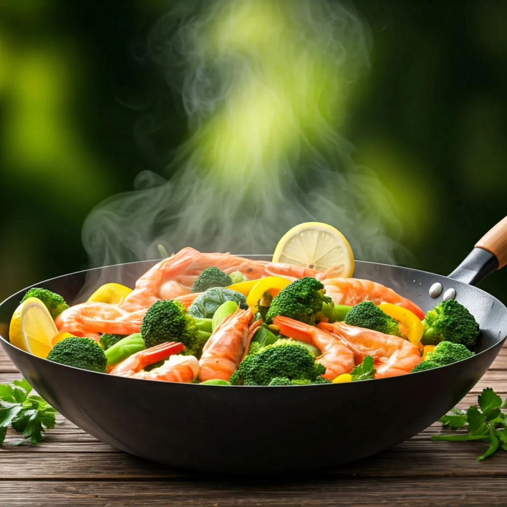 Steaming hot lemon garlic shrimp stir-fry with colorful vegetables