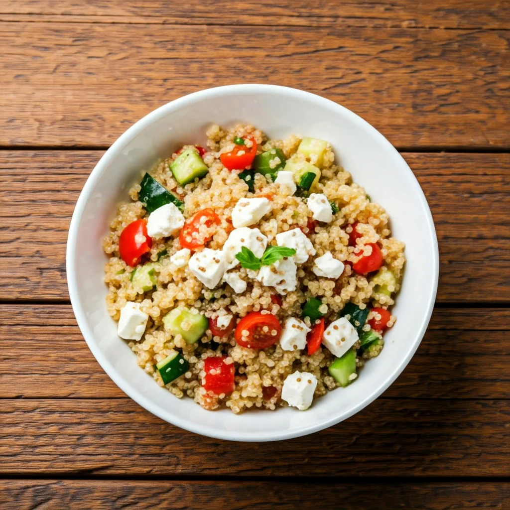 Fresh Mediterranean quinoa bowl with vegetables and feta cheese