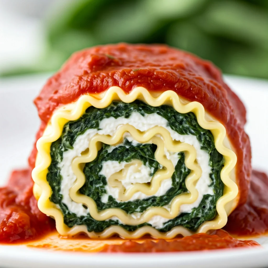 Individual portion of healthy lasagna roll-ups with spinach and cheese