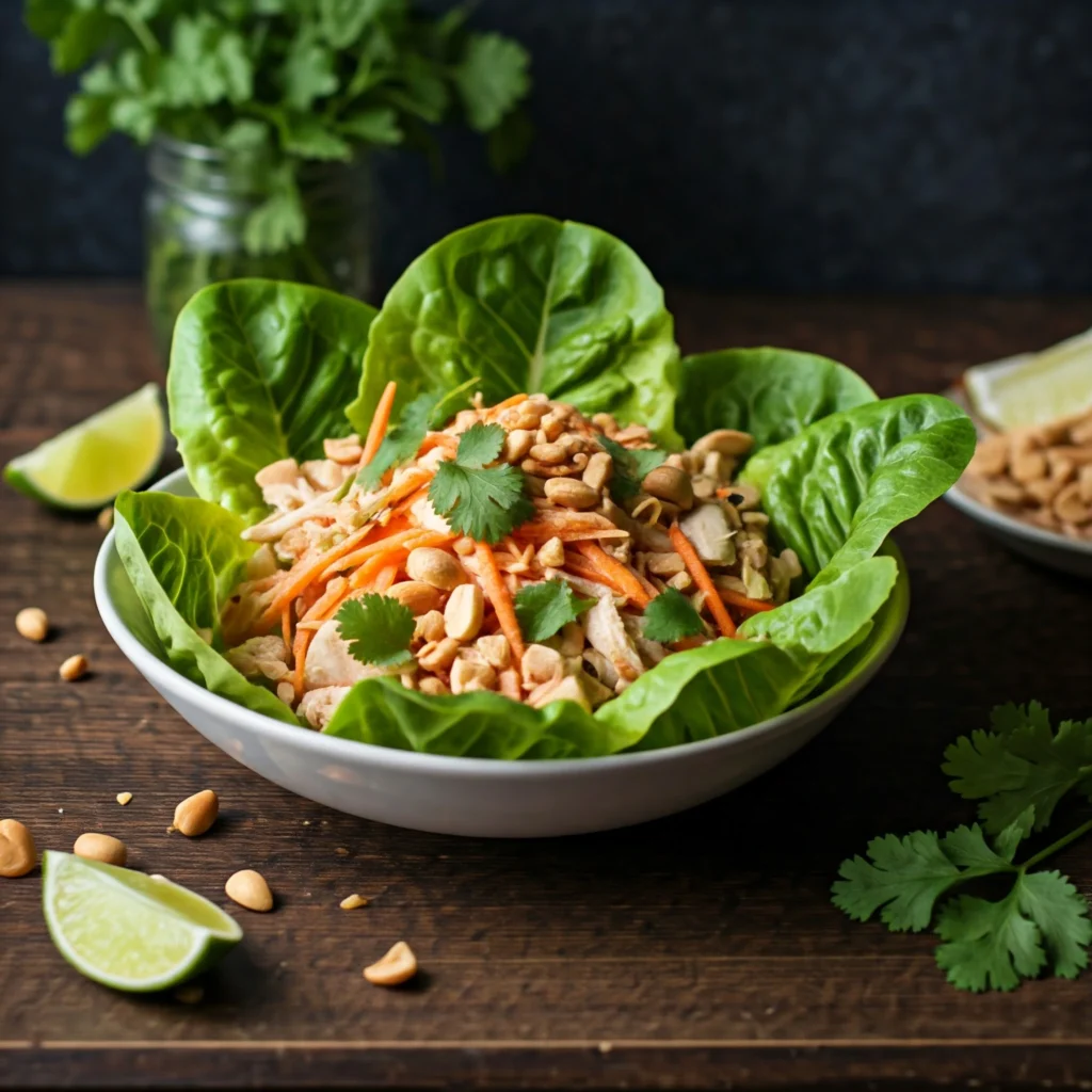 Thai-inspired chicken lettuce wraps with colorful vegetables and garnishes