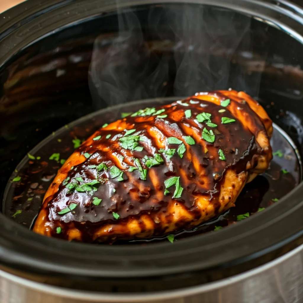 Tender slow cooker balsamic chicken with herbs and vegetables