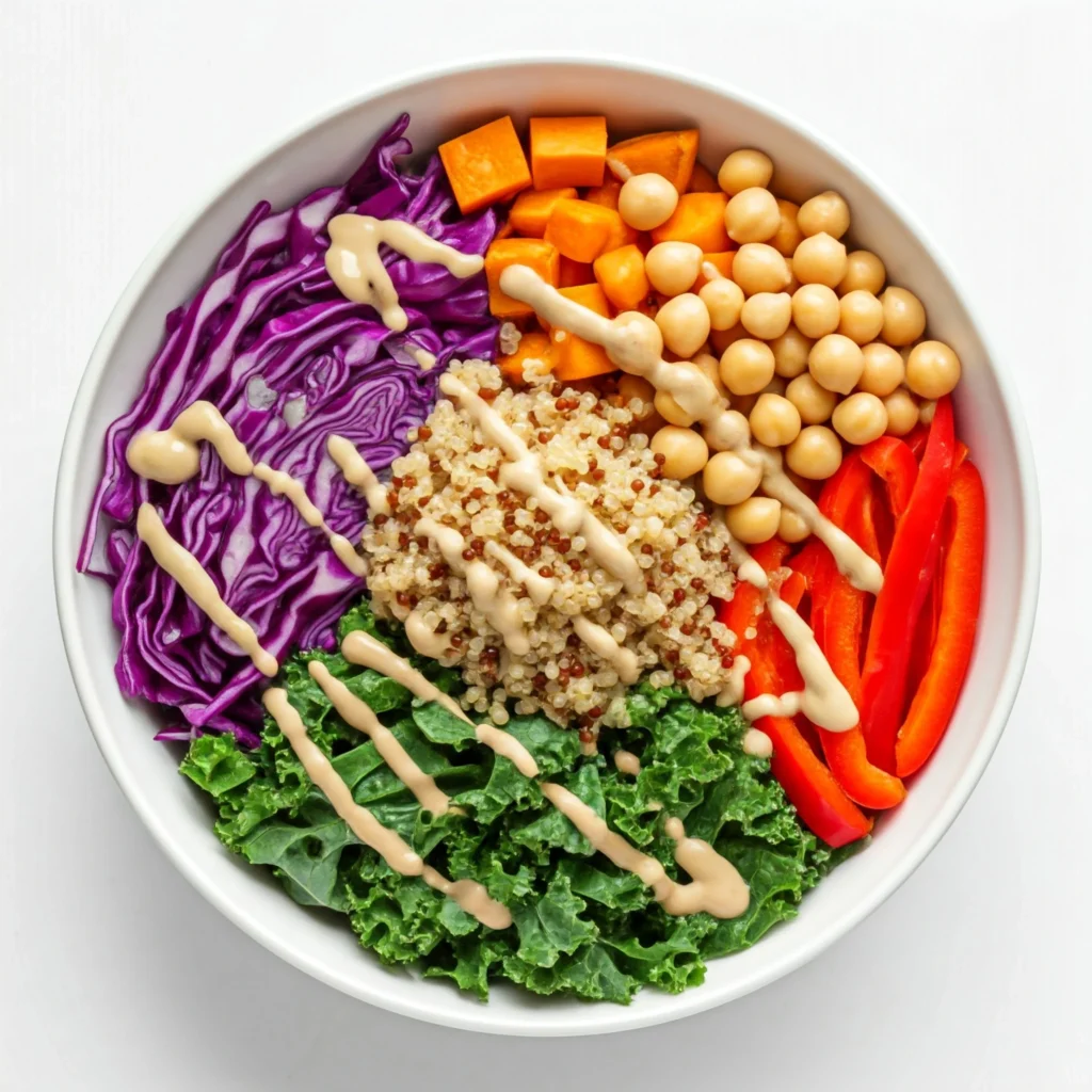 Colorful Buddha bowl with quinoa and rainbow vegetables under 300 calories