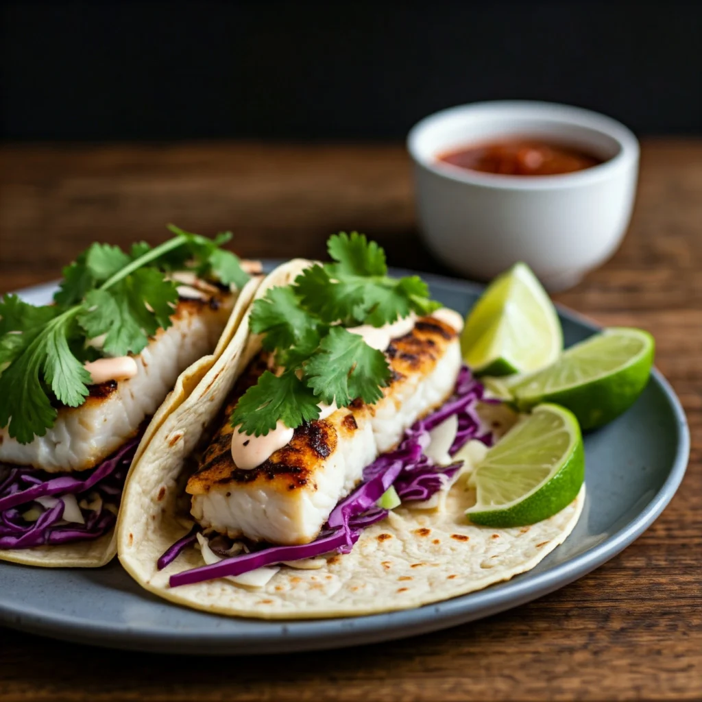 Healthy fish tacos with colorful slaw and lime crema under 300 calories