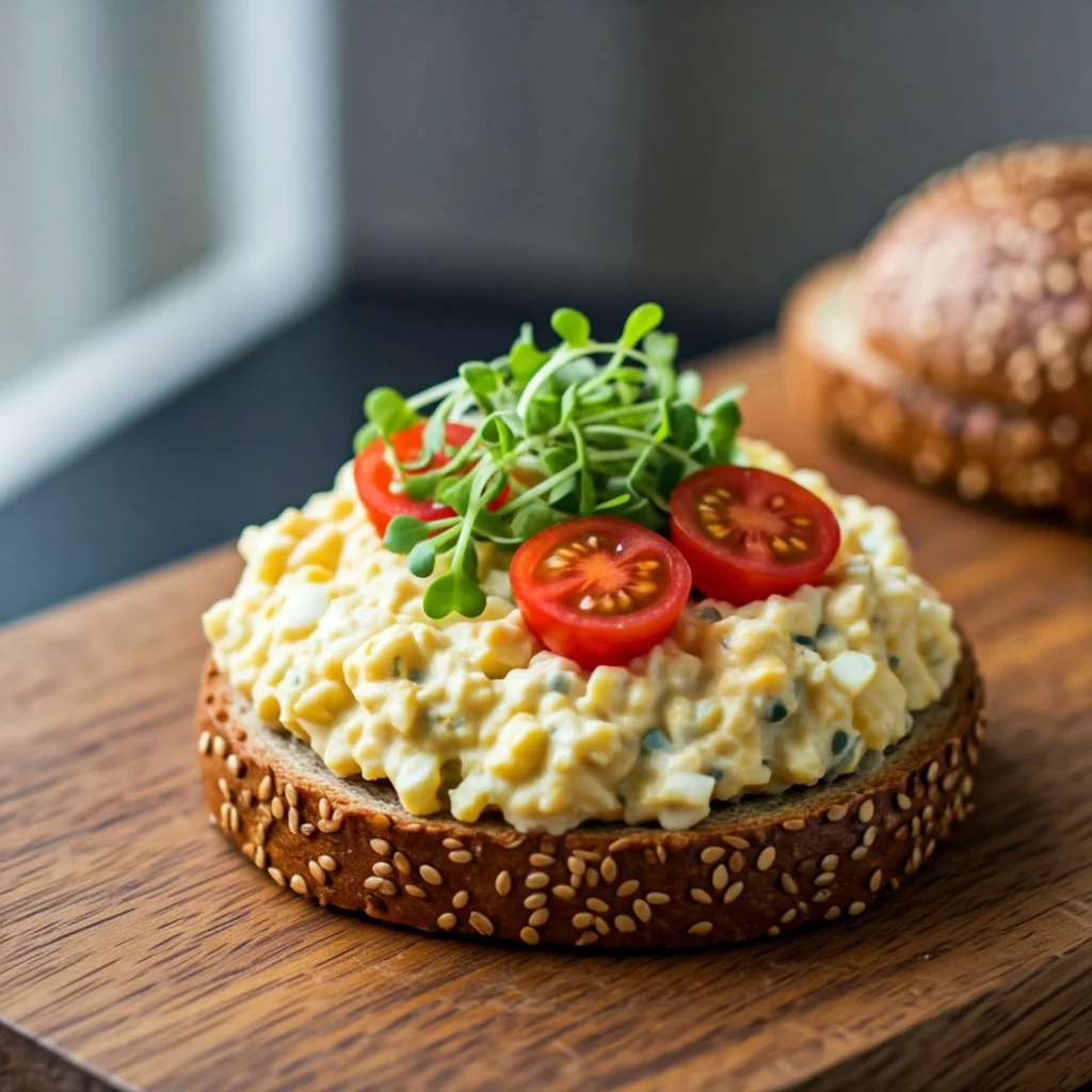 Healthy egg salad sandwich made without mayonnaise, garnished with fresh herbs