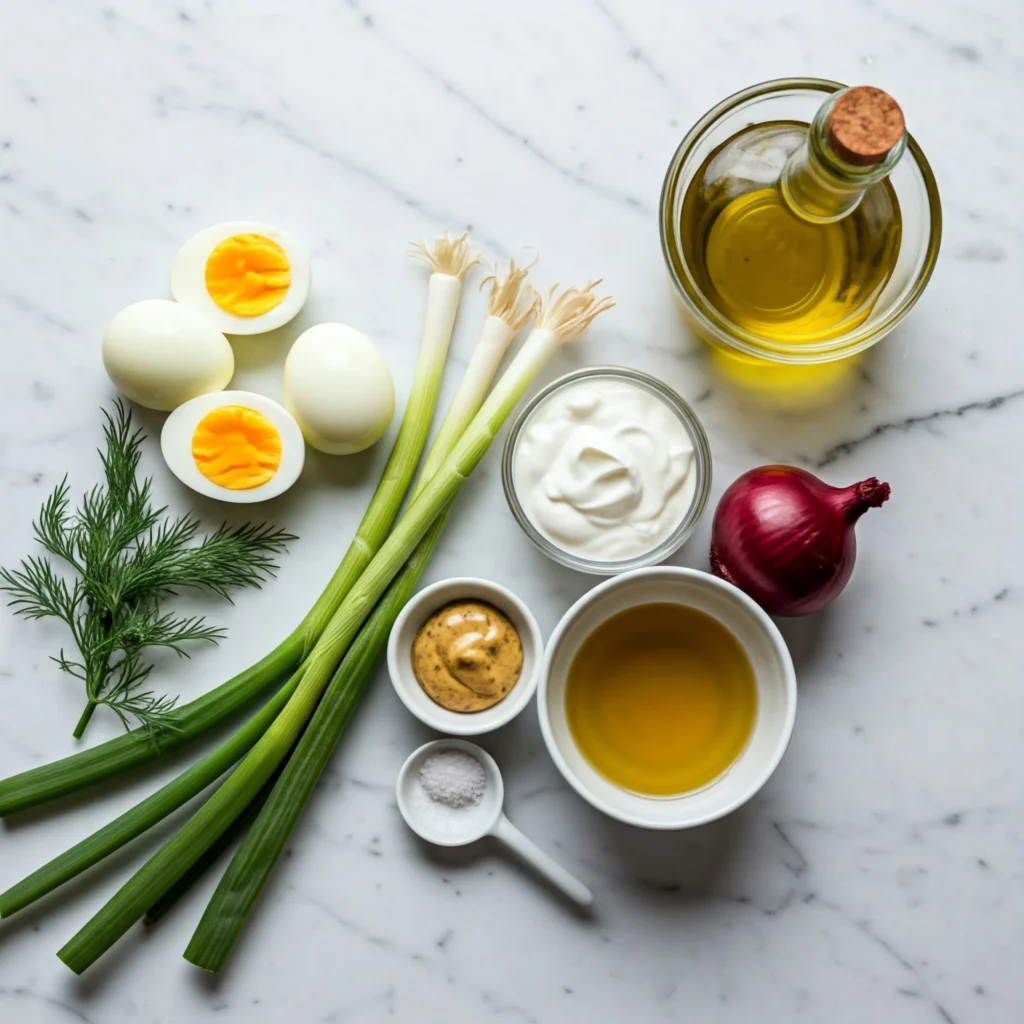 Fresh ingredients for no-mayo egg salad including Greek yogurt and herbs