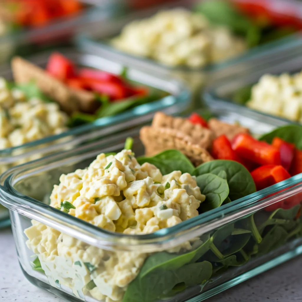 Meal prep containers with healthy egg salad no mayo lunch ideas