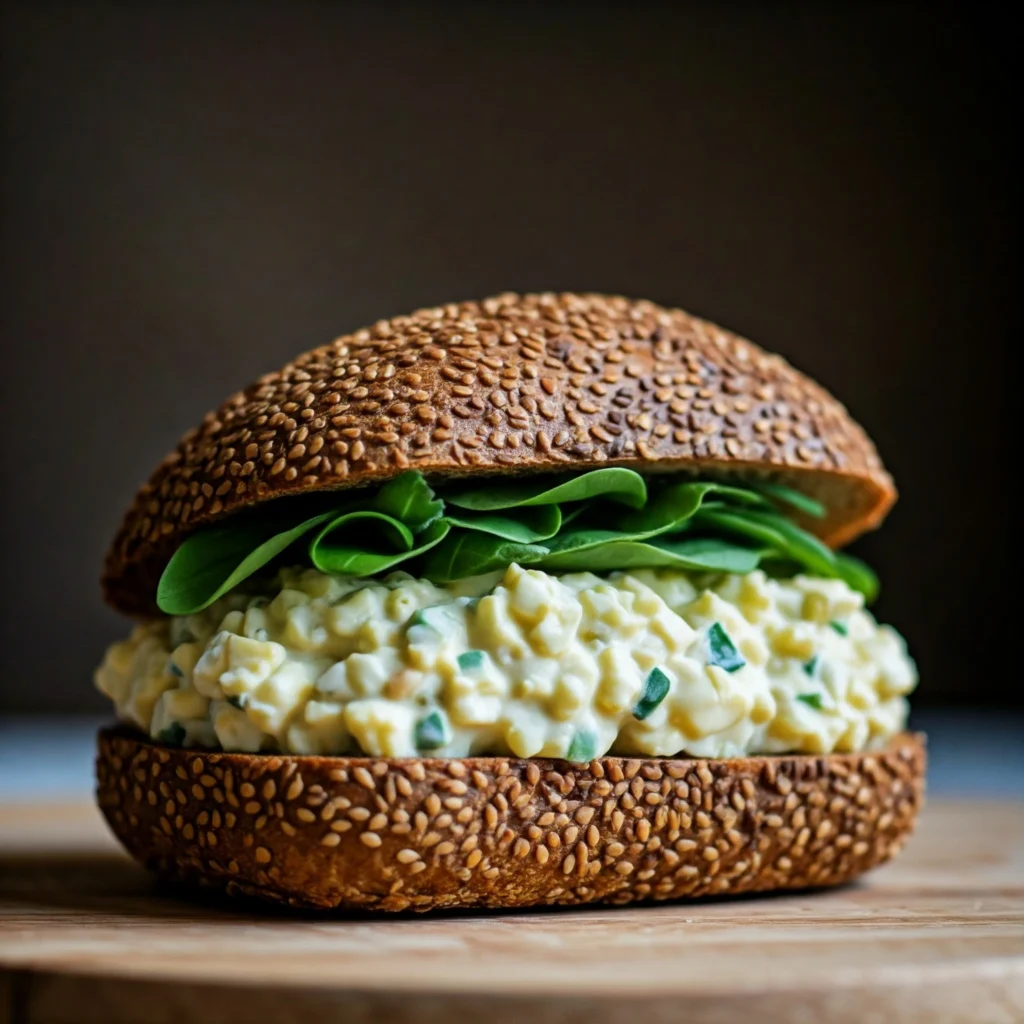 Creamy Greek yogurt egg salad sandwich with fresh herbs