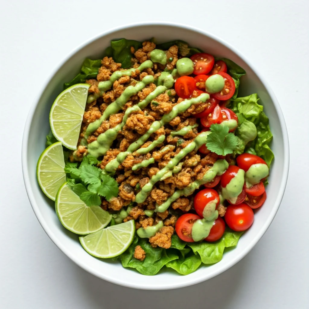 Fresh raw vegan taco salad topped with walnut meat and cilantro lime dressing in a white bowl