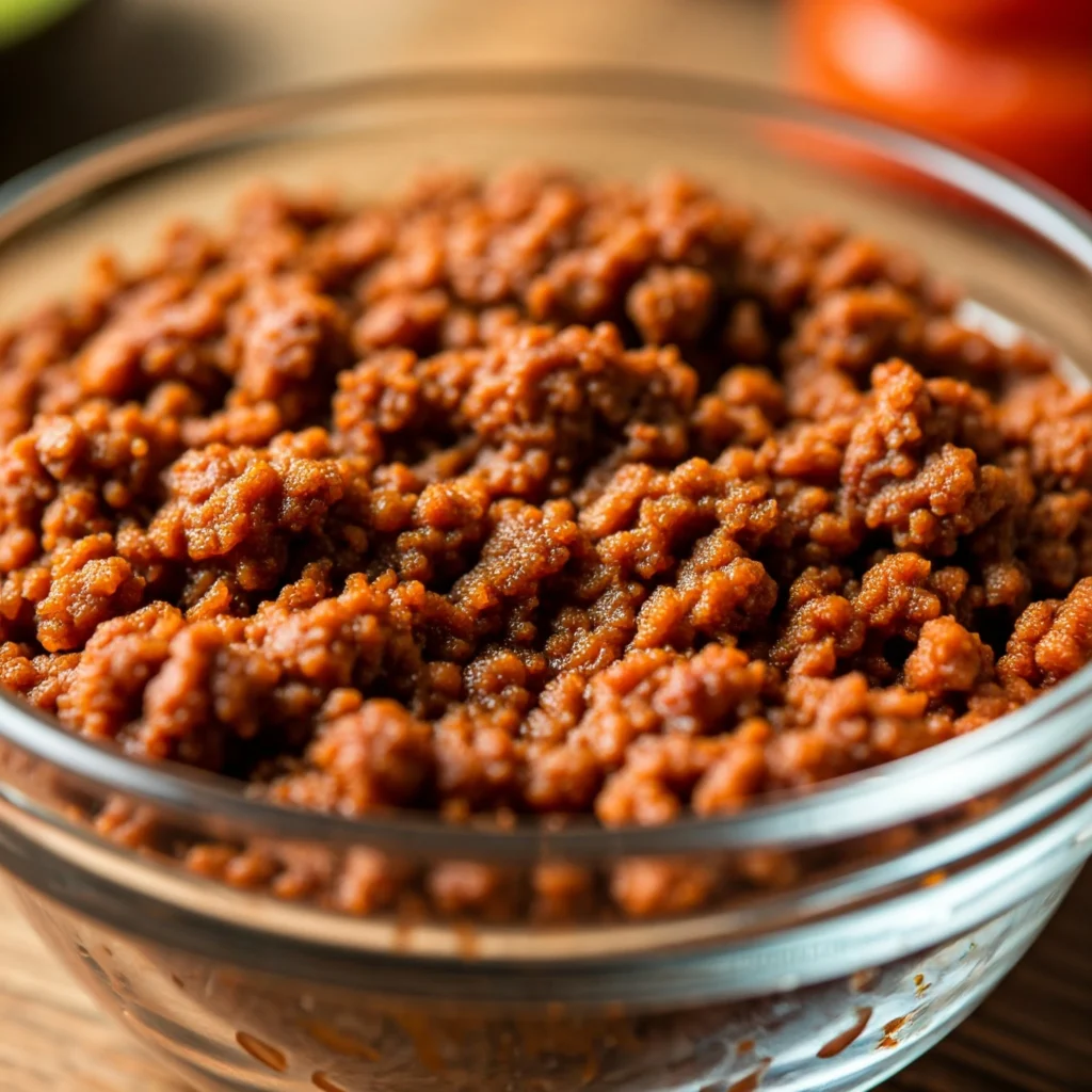 Close-up of seasoned raw vegan walnut and mushroom taco meat