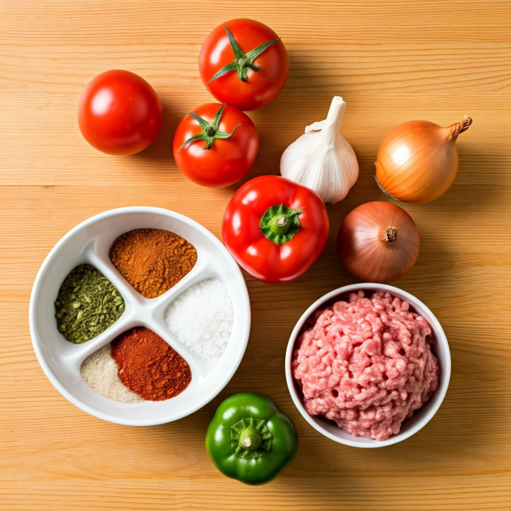 Ingredients for raw vegan taco meat laid out on wooden surface