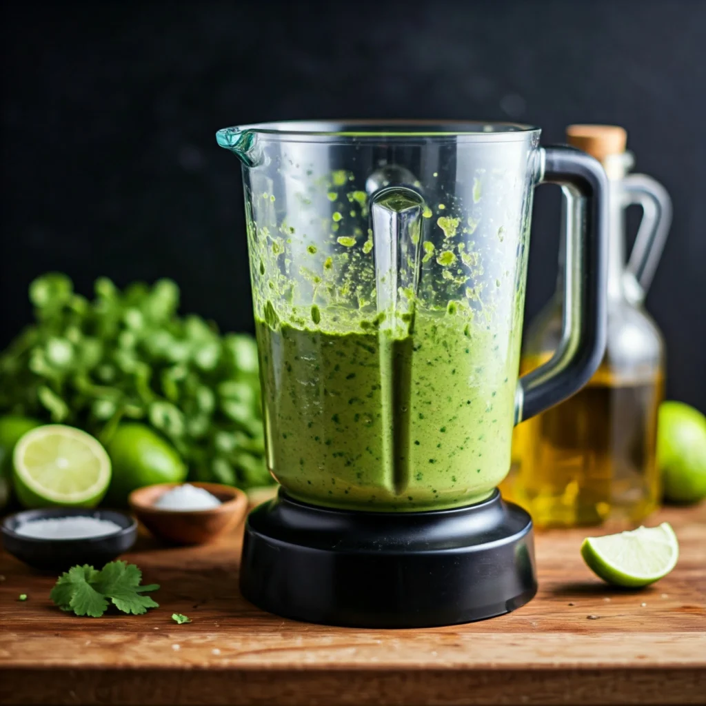 Preparation of creamy raw vegan cilantro lime dressing in blender