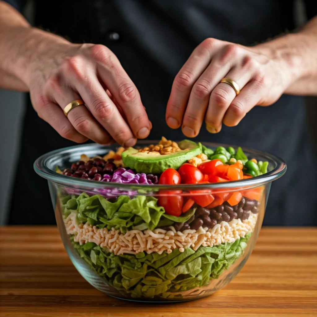 Layering process of raw vegan taco salad assembly