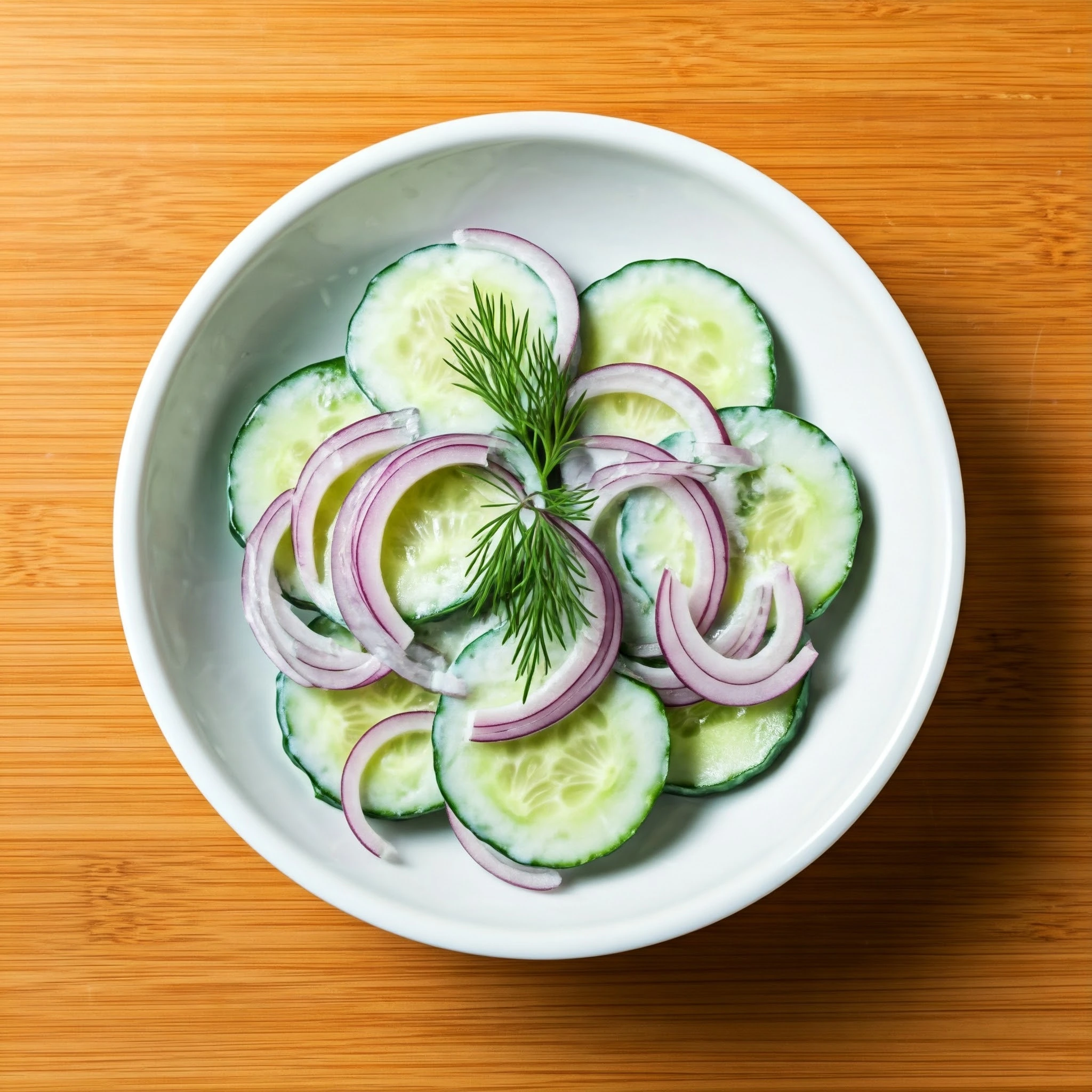 Creamy cucumber salad with red onions and fresh dill in a white bowl