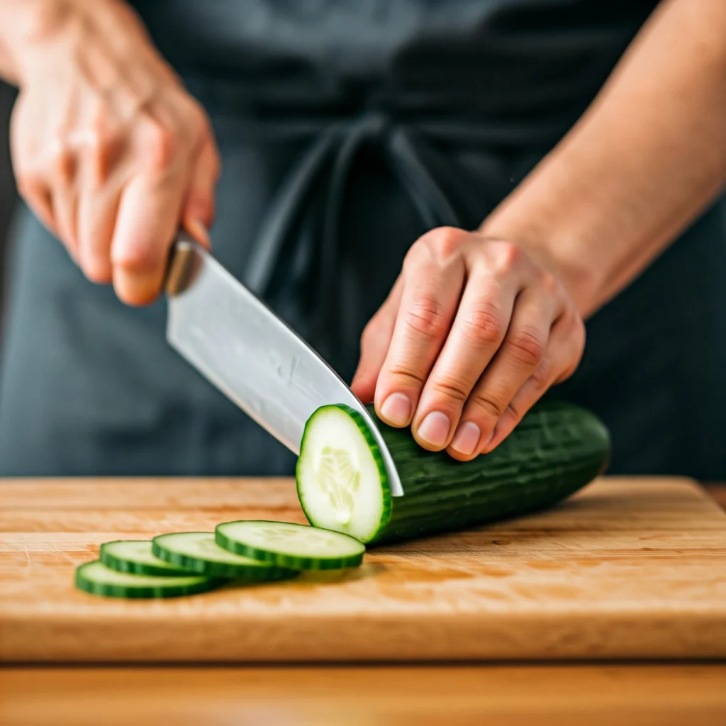 Demonstrating how to thinly slice cucumbers for cucumber salad