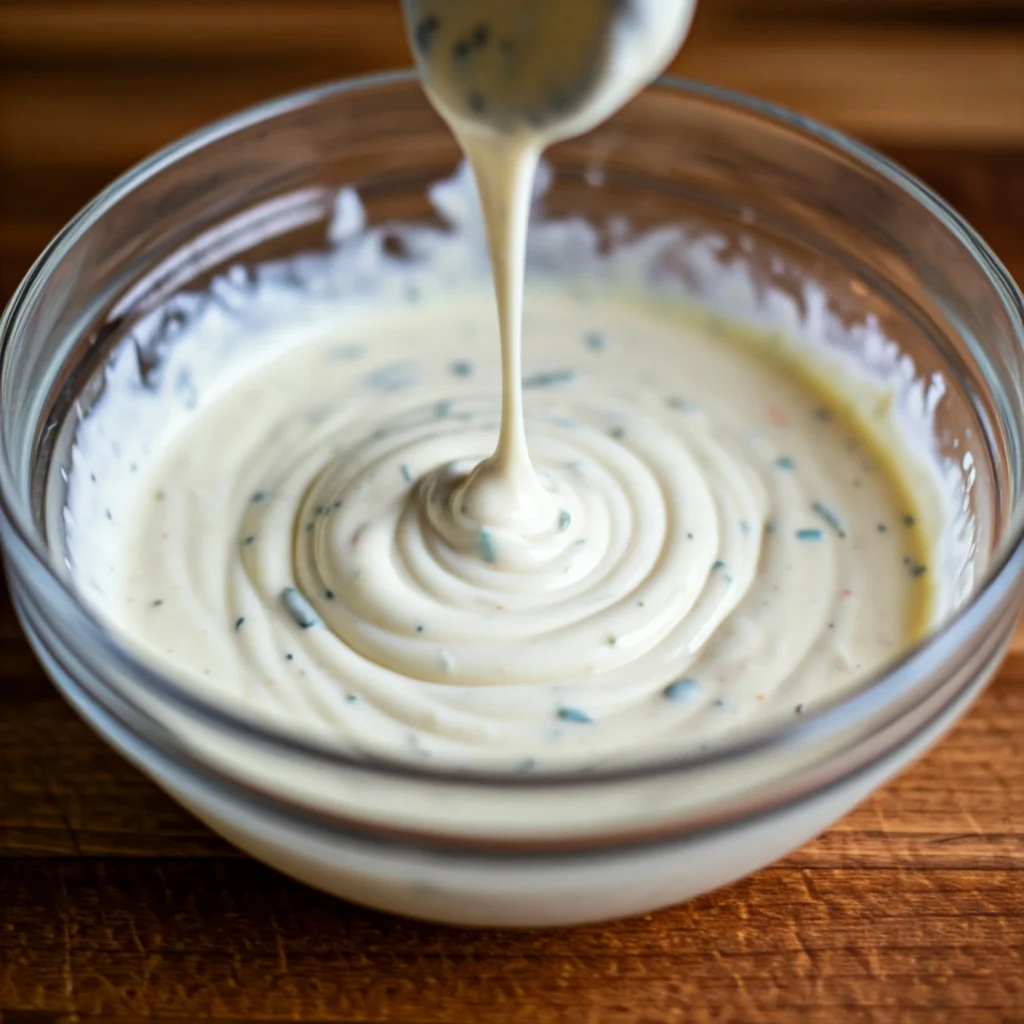 Mixing creamy sour cream dressing with fresh dill for cucumber salad