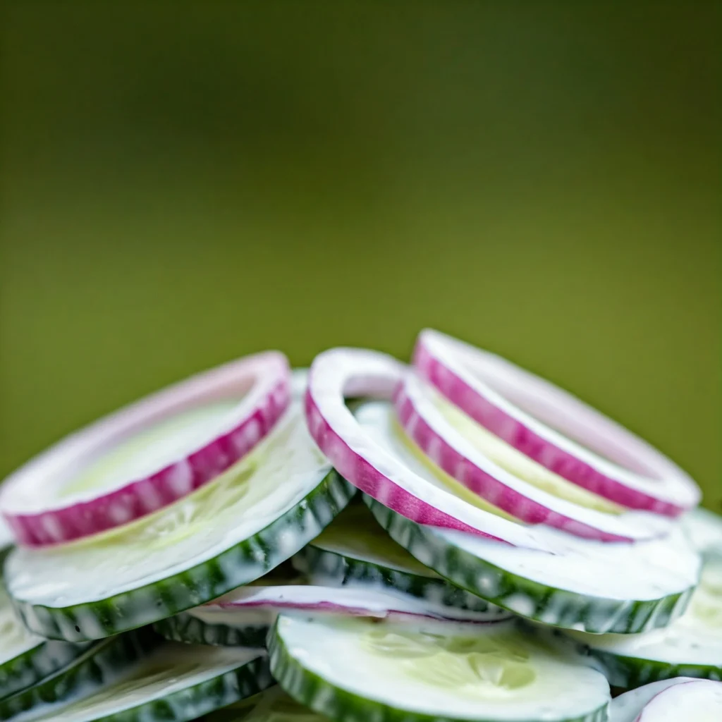 Close-up of creamy cucumber salad showing perfect dressing coverage