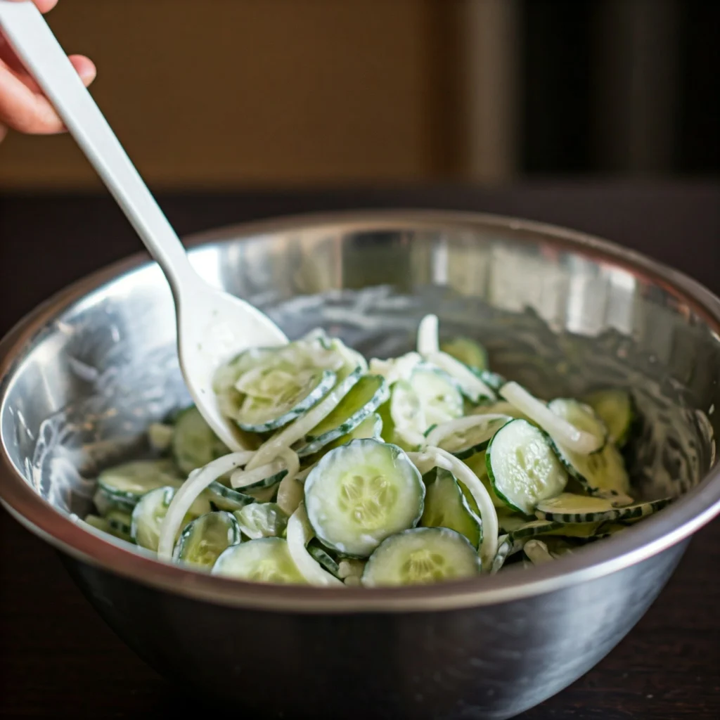 Combining cucumbers and dressing for creamy cucumber salad