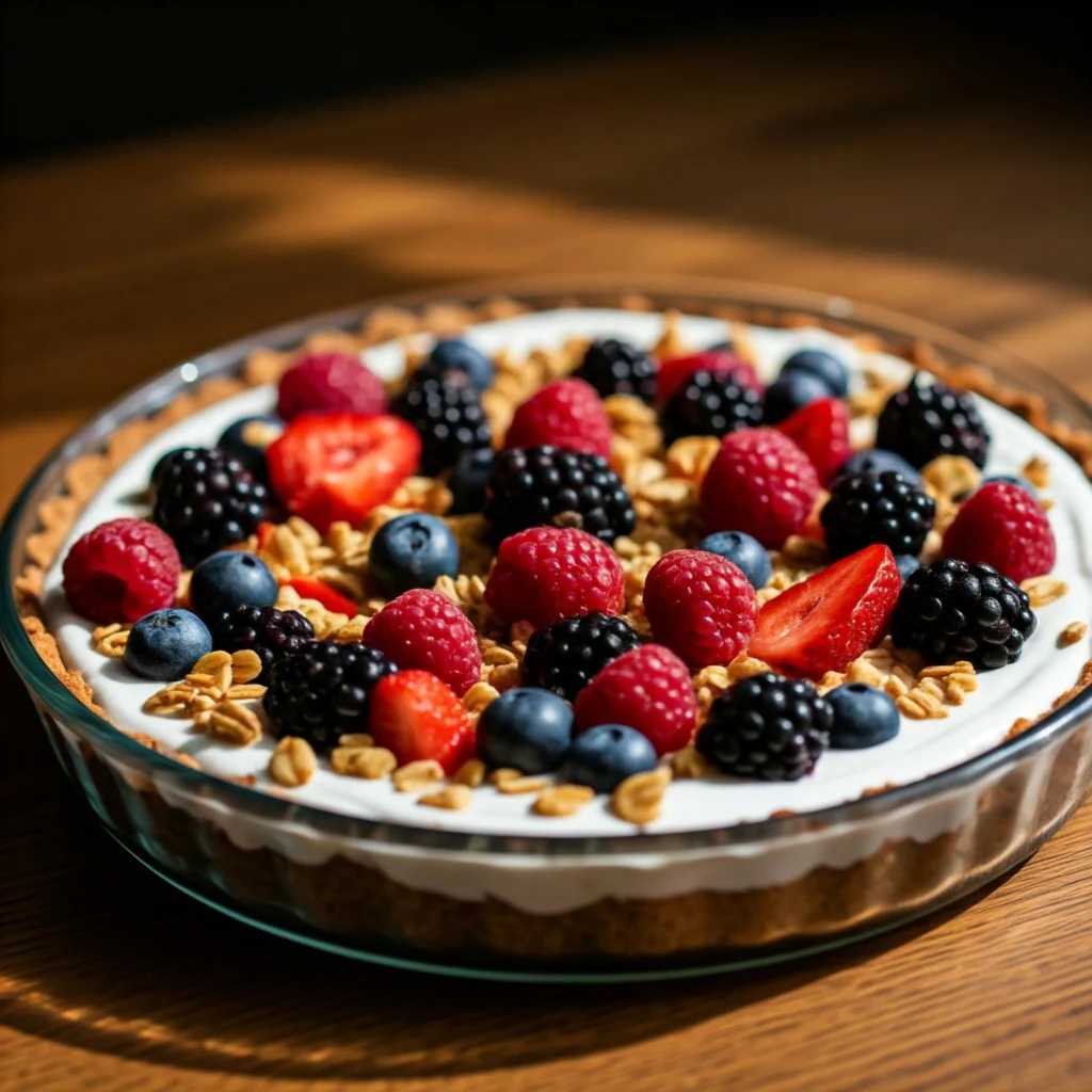 No-bake breakfast tart with Greek yogurt, fresh berries, and crunchy granola topping