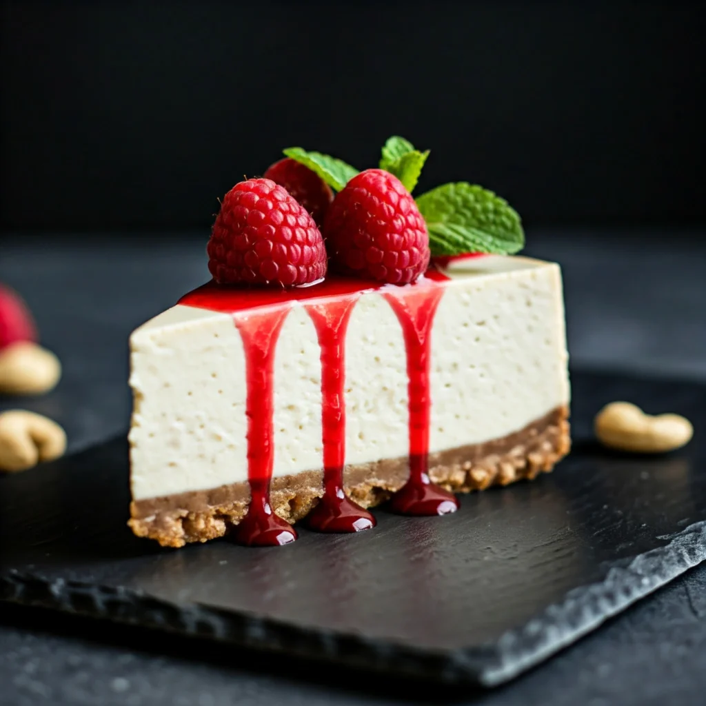 Creamy vegan cheesecake slice with raspberry sauce and mint garnish