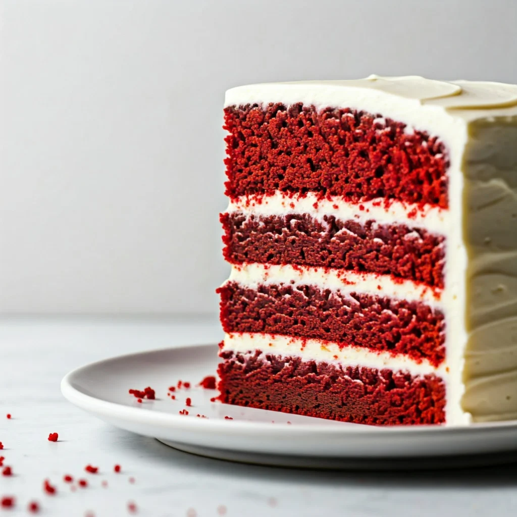 Three-layer keto red velvet cake with cream cheese frosting cross-section