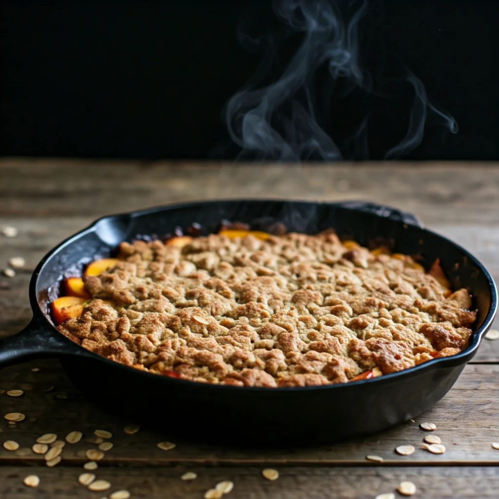 Gluten-free peach cobbler with almond-oat crumble in cast iron skillet