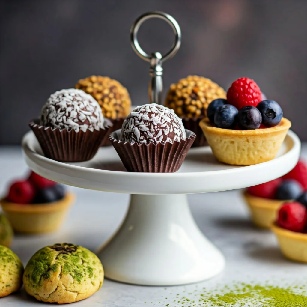 Assortment of miniature healthy desserts on tiered serving stand