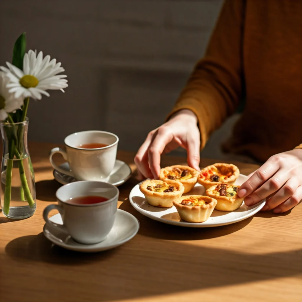 Person enjoying healthy desserts during afternoon tea in cozy setting